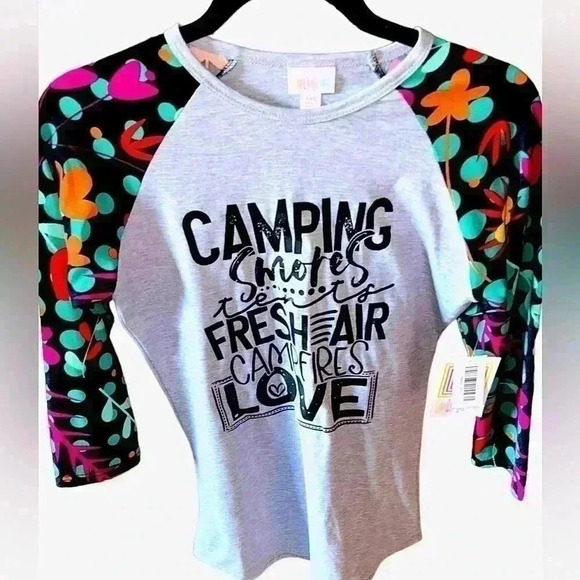 Lularoe XXS Randy Baseball T shirt.Camping screen print. Black 3/4 floral sleeve - Picture 2 of 5